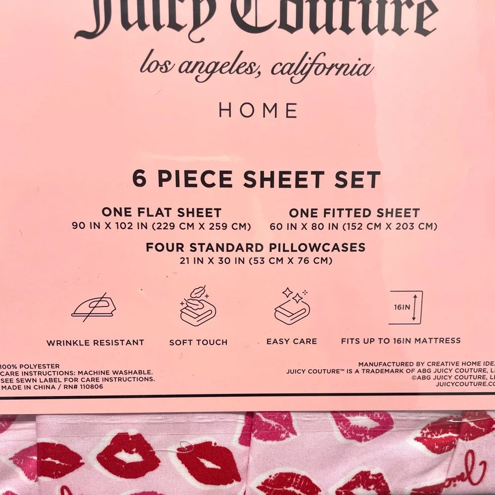 Juicy Couture 6-pc Queen Sheet Set JC Pink Lots of Kisses 2 Extra P/C's NEW NIP